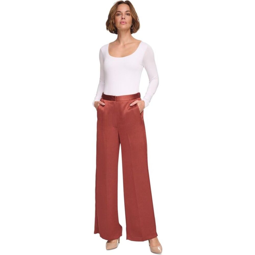 DKNY Womens Satin Mid Rise Wide Straight Leg Relaxed Casual Pants, NWT